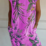 Grace™ Vestido estampado de cuello redondo de algodón y lino para mujer