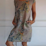Grace™ Vestido estampado de cuello redondo de algodón y lino para mujer