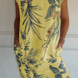 Grace™ Vestido estampado de cuello redondo de algodón y lino para mujer