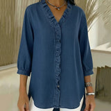 Adele | Blusa de denim fluido con escote en V y volantes