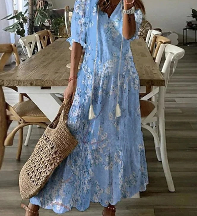 Dúnia™ VESTIDO LARGO CON ESTAMPADO Y VOLANTES
