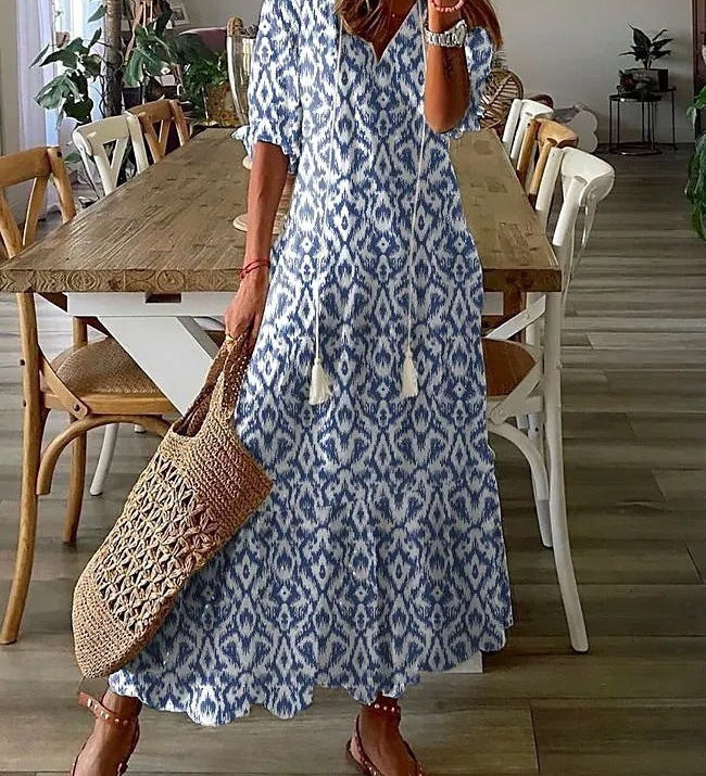 Dúnia™ VESTIDO LARGO CON ESTAMPADO Y VOLANTES