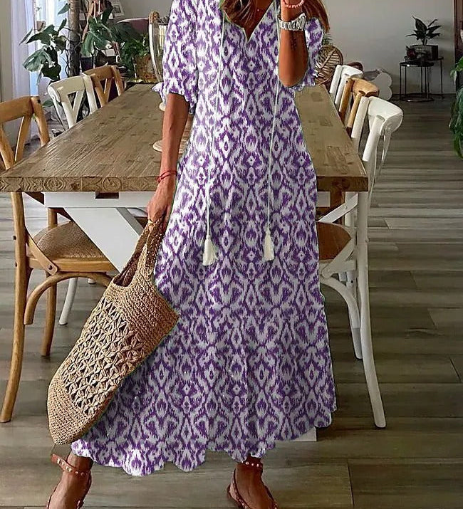Dúnia™ VESTIDO LARGO CON ESTAMPADO Y VOLANTES