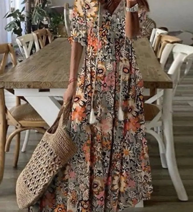 Dúnia™ VESTIDO LARGO CON ESTAMPADO Y VOLANTES