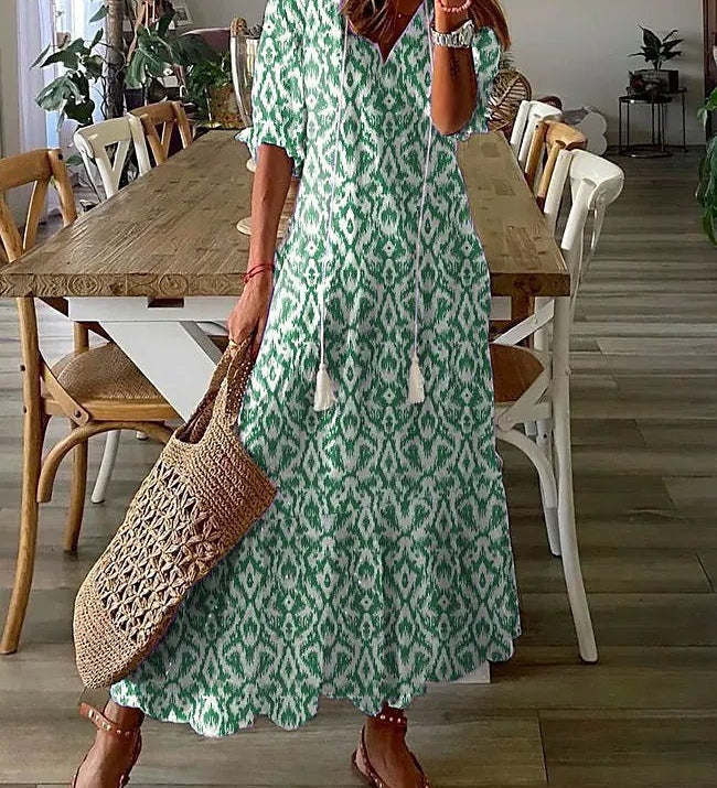 Dúnia™ VESTIDO LARGO CON ESTAMPADO Y VOLANTES