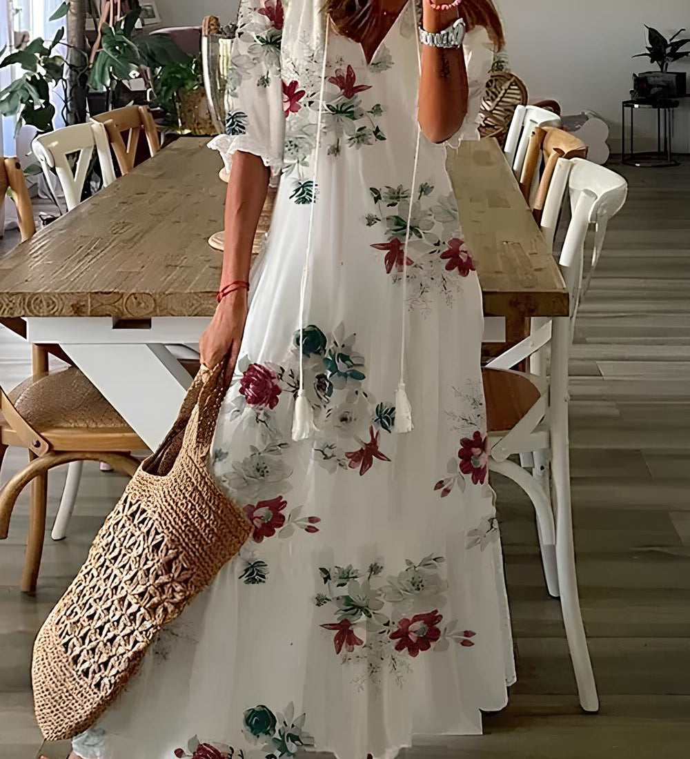 Dúnia™ VESTIDO LARGO CON ESTAMPADO Y VOLANTES