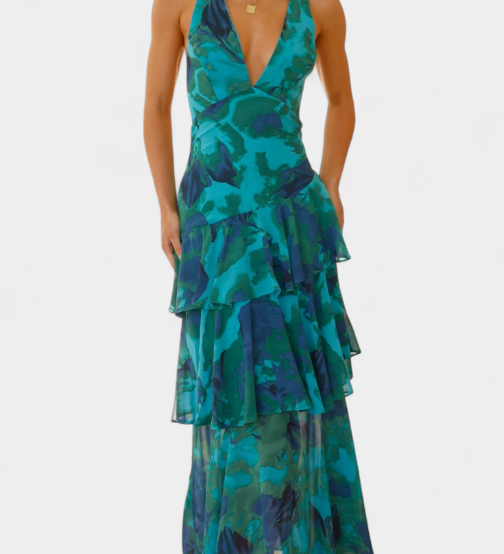 Domenica - Vestido de Gasa con Escote en V y Capas Fluidas para Mujer