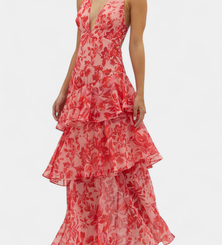 Domenica - Vestido de Gasa con Escote en V y Capas Fluidas para Mujer