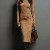 Ilaria - Vestido Midi de Suede con Cuello Alto y Mangas Largas